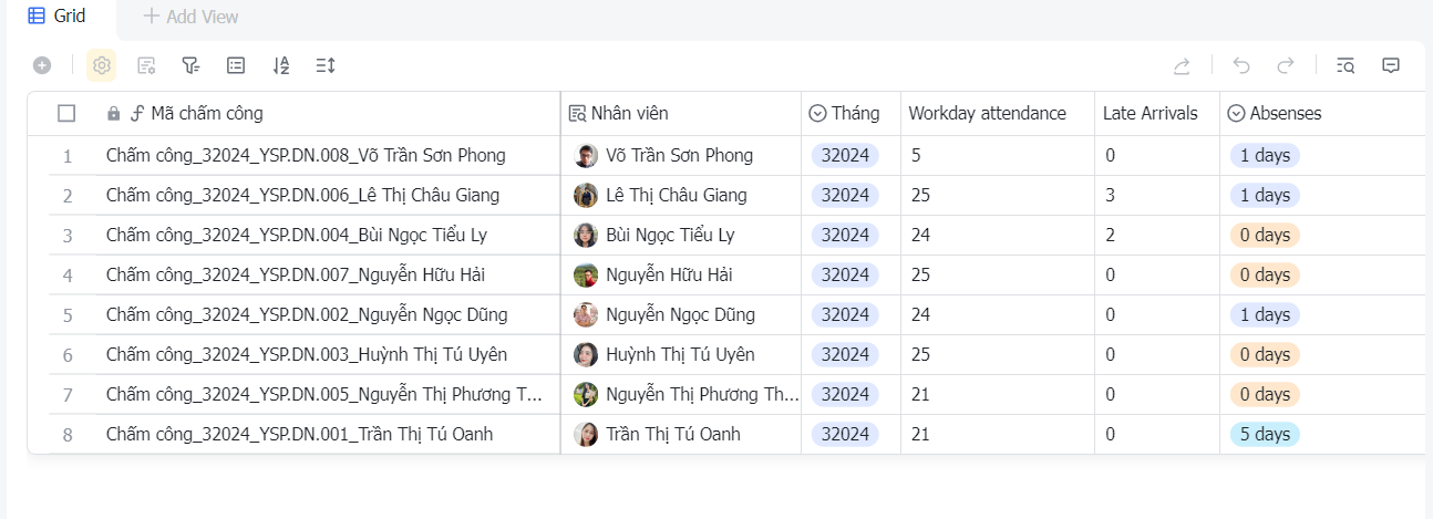 thống kê số ngày làm việc trên Lark Base