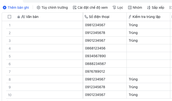 Kiểm tra và loại bỏ các giá trị trùng lặp trên Base của Larksuite (Lark)