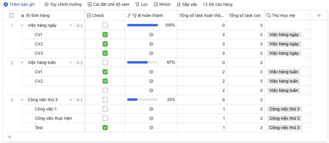 Tính tiến độ hoàn thành task (công việc) trong Base của Larksuite (Lark) mà không dùng bảng phụ