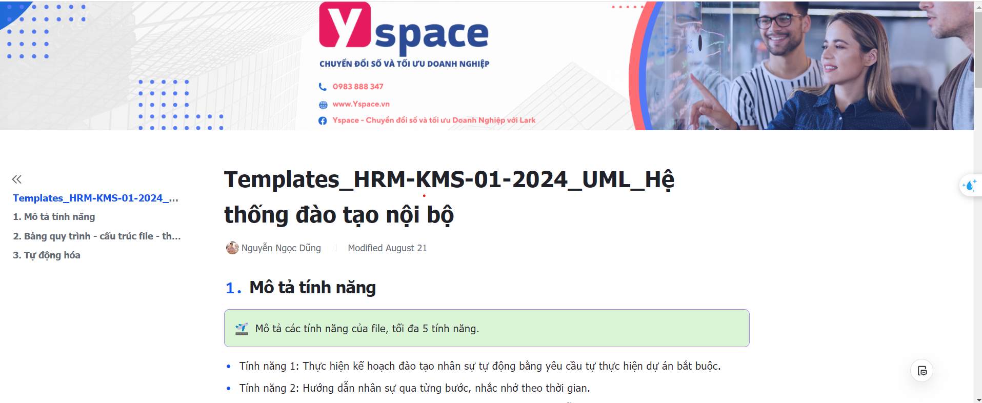 Mô tả hệ thống quản lý kiến thức kinh nghiệm - KMS trên Larksuite