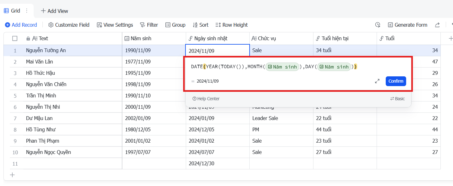 Công thức lấy ngày sinh nhật trên Lark Base