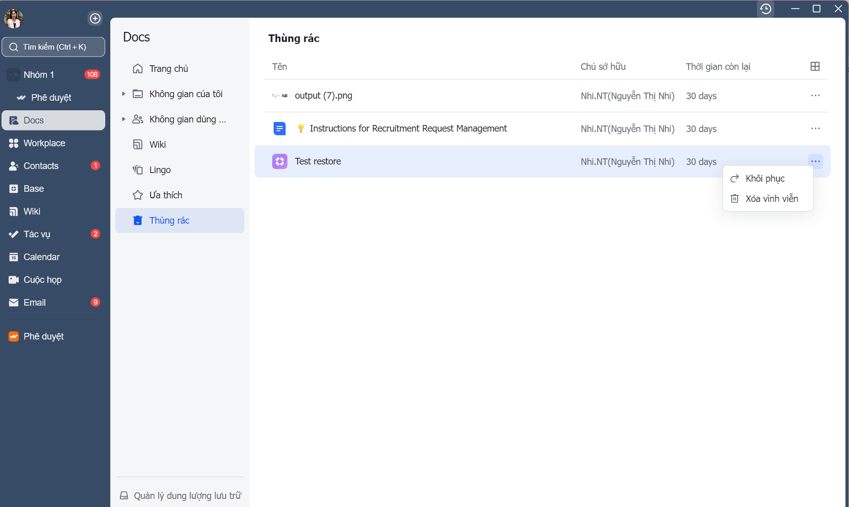 Cách khôi phục file đã xoá trên Lark Drive